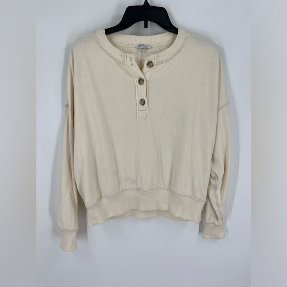 American Eagle Women’s Henley Neck Long Sleeve Sweatshirt Size L Cream - Picture 1 of 7